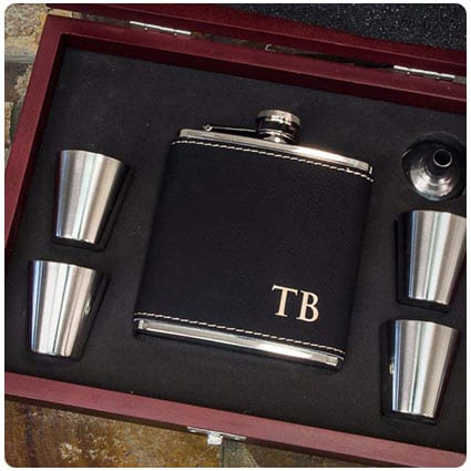 Personalized Black Leather Flask Wood Box Set